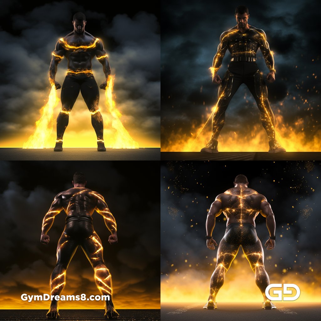 Fire, Muscular man in latex with fire and smoke, Midjourney