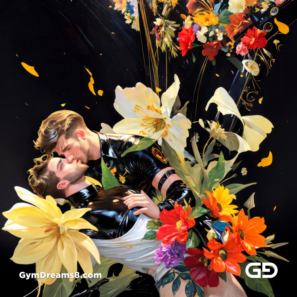 Flower Abstract Kiss. Abstract composition of gay couple kissing in a field of flowers. Stable Diffusion with Shuffle control net, Virile Fusion.