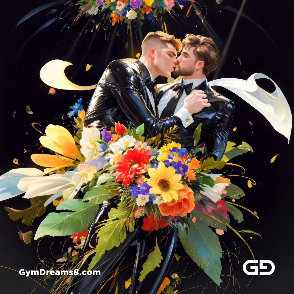 Flower Abstract Kiss. Abstract composition of gay couple kissing in a field of flowers. Stable Diffusion with Shuffle control net, Virile Fusion.