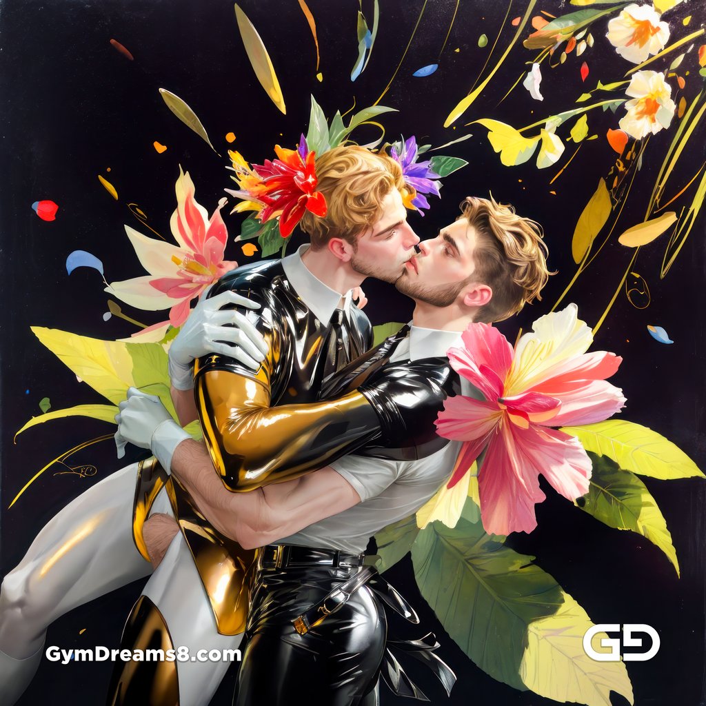 Flower Abstract Kiss. Abstract composition of gay couple kissing in a field of flowers. Stable Diffusion with Shuffle control net, Virile Fusion.