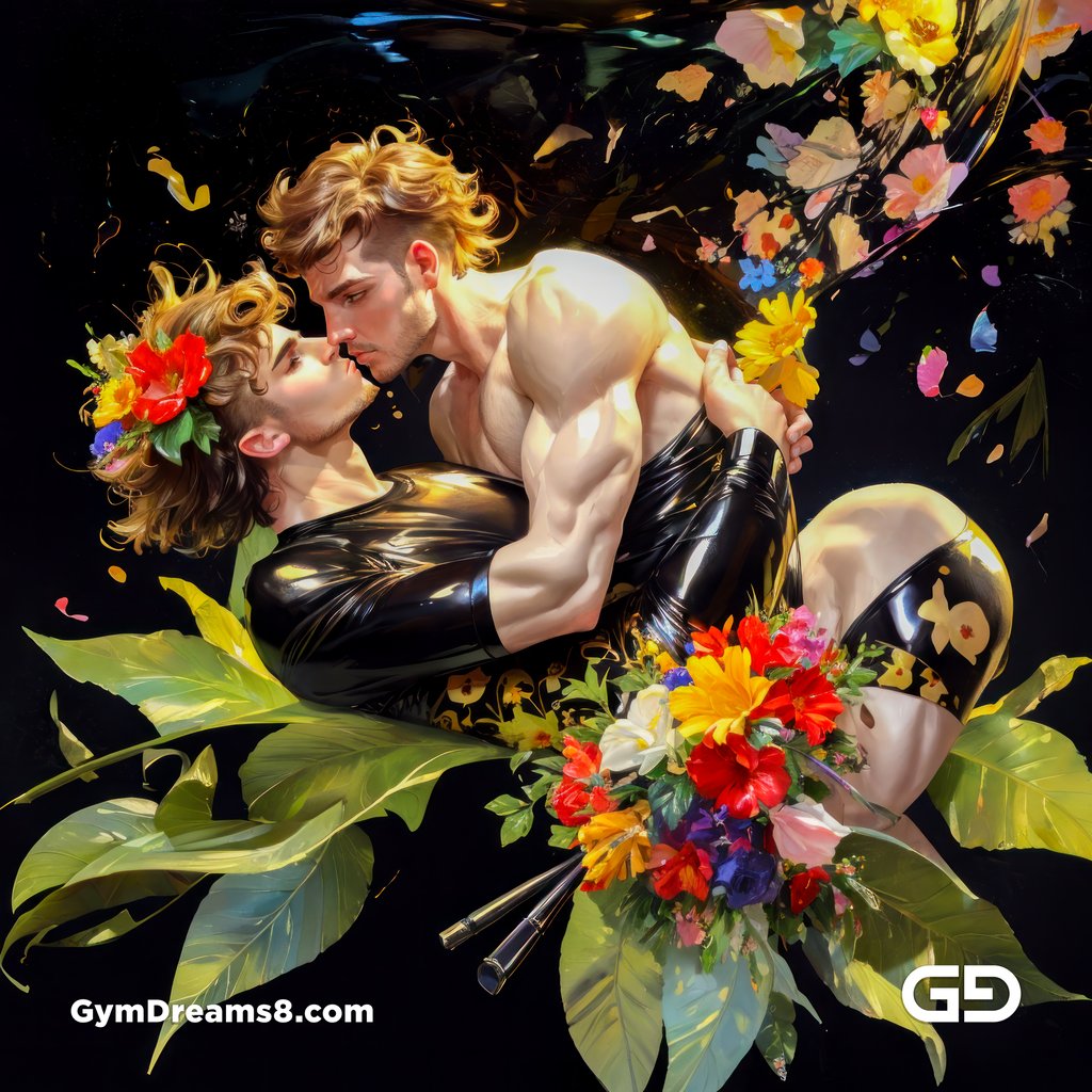 Flower Abstract Kiss. Abstract composition of gay couple kissing in a field of flowers. Stable Diffusion with Shuffle control net, Virile Fusion.