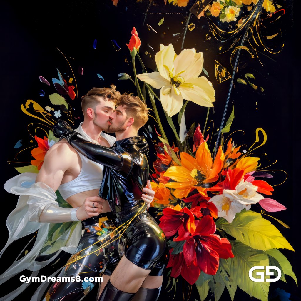 Flower Abstract Kiss. Abstract composition of gay couple kissing in a field of flowers. Stable Diffusion with Shuffle control net, Virile Fusion.
