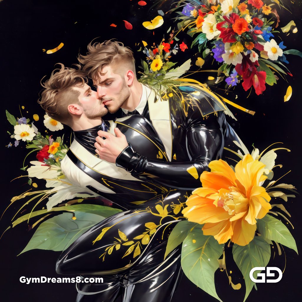 Flower Abstract Kiss. Abstract composition of gay couple kissing in a field of flowers. Stable Diffusion with Shuffle control net, Virile Fusion.