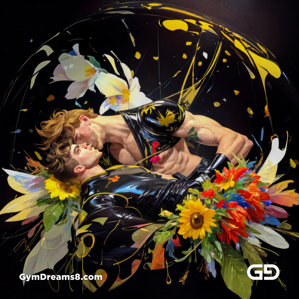 Flower Abstract Kiss. Abstract composition of gay couple kissing in a field of flowers. Stable Diffusion with Shuffle control net, Virile Fusion.