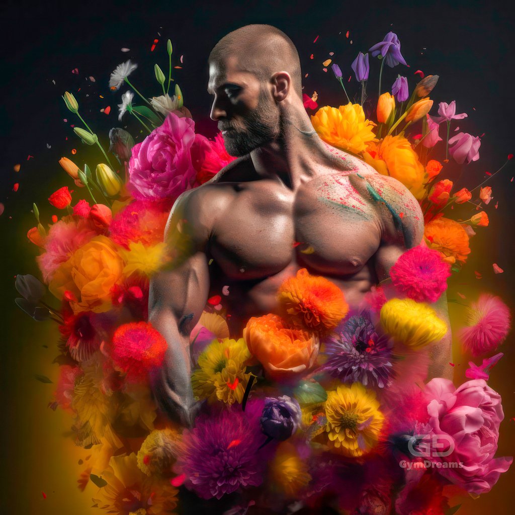 Choreography of Male Dancers and Flowers, created with Midjourney