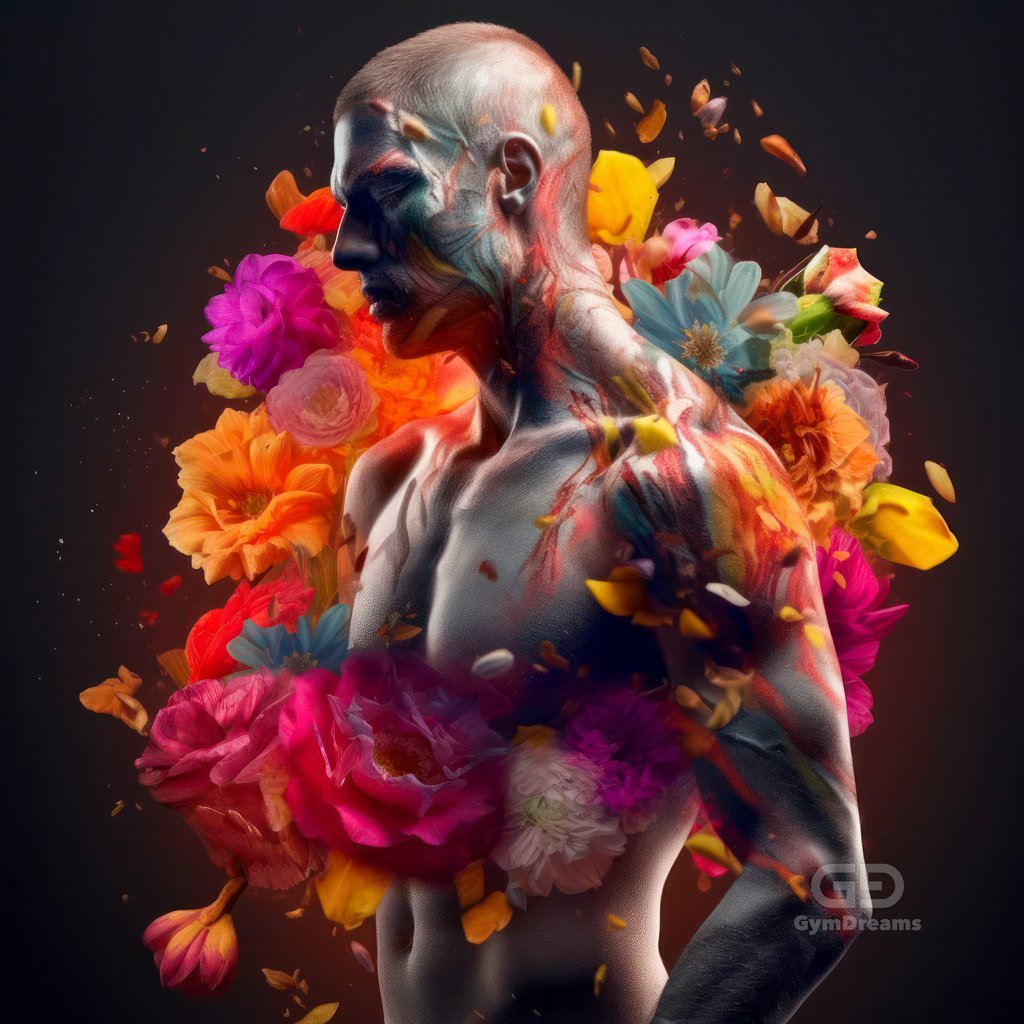 Choreography of Male Dancers and Flowers, created with Midjourney