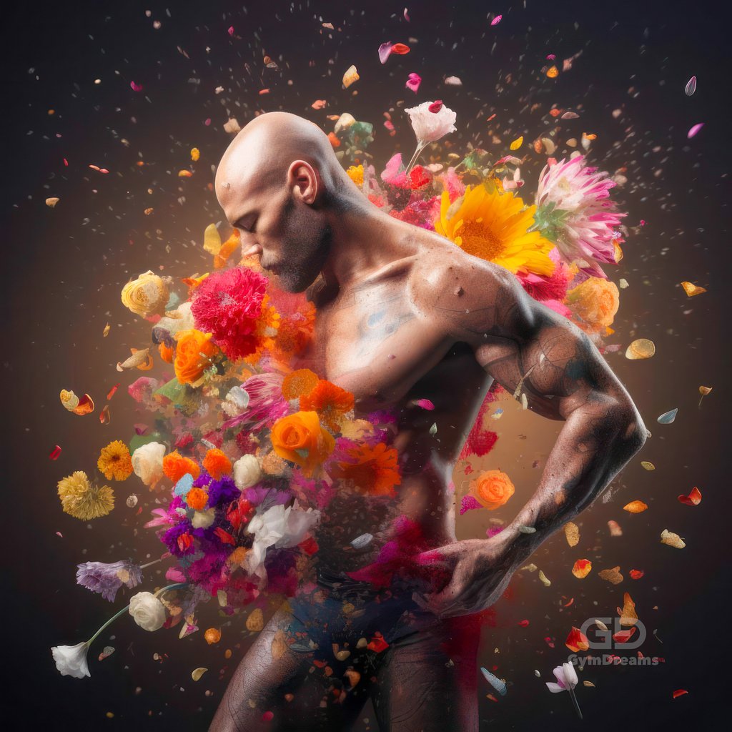 Choreography of Male Dancers and Flowers, created with Midjourney