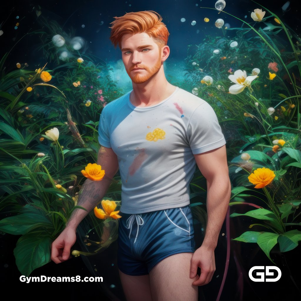 Ginger Flowers. Young men with ginger beard in a field of flowers, with Stable Diffusion and Virile Fantasy