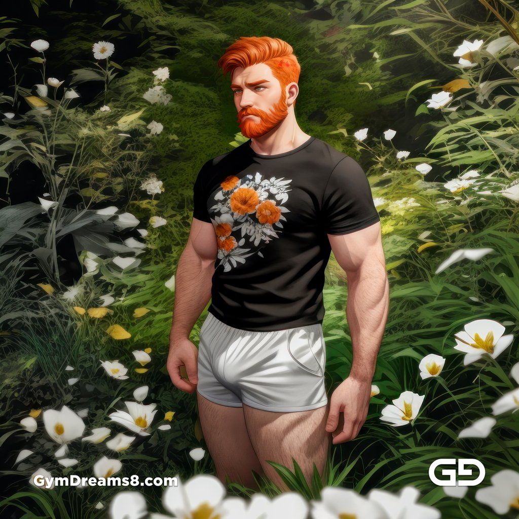 Ginger Flowers. Young men with ginger beard in a field of flowers, with Stable Diffusion and Virile Fantasy
