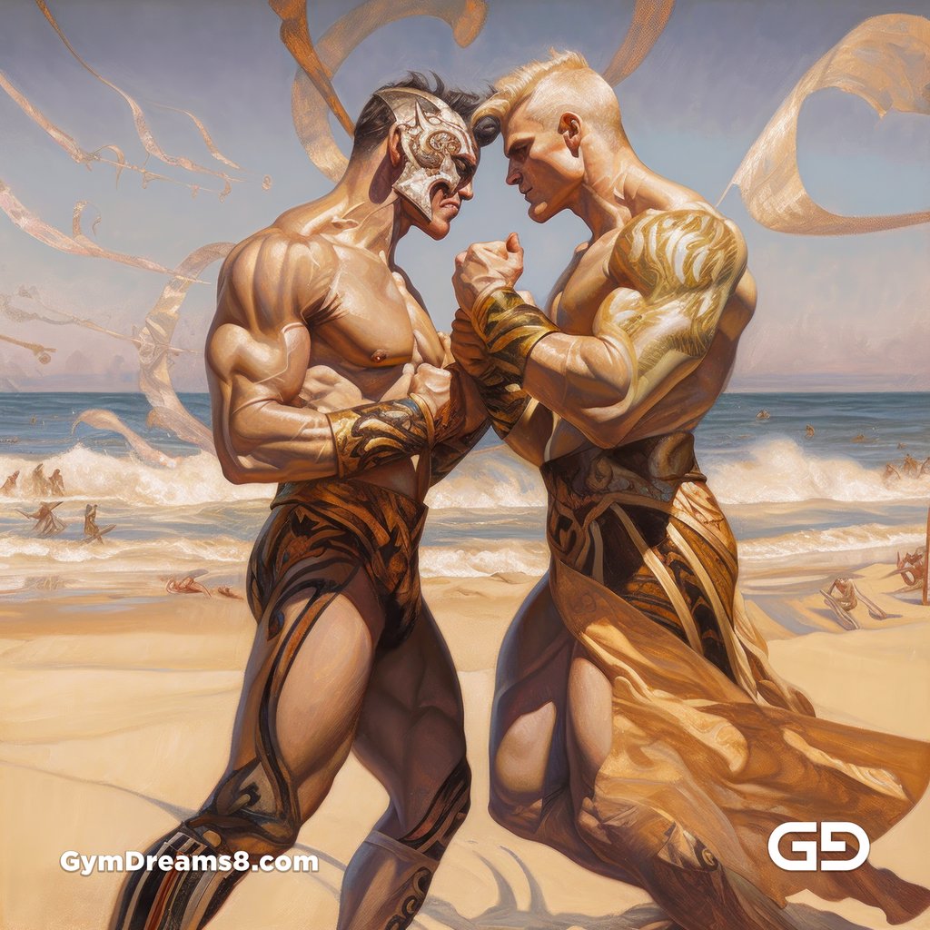 Gladiators Fight at the Beach 1v1. Illustrations, Midjourney v5