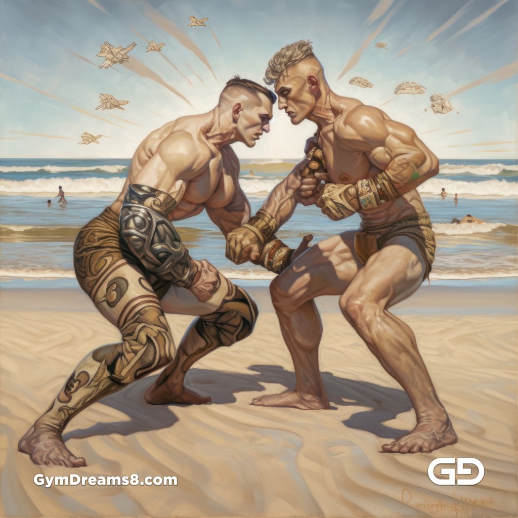 Gladiators Fight at the Beach 1v1. Illustrations, Midjourney v5