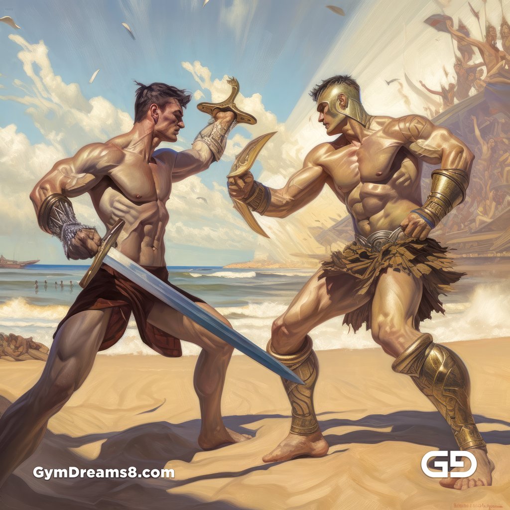 Gladiators Fight at the Beach 1v1. Illustrations, Midjourney v5