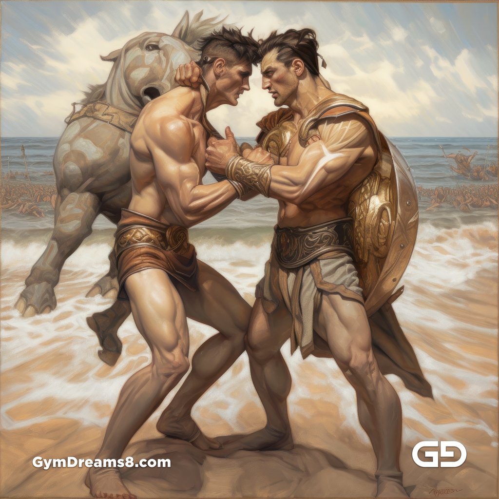 Gladiators Fight at the Beach 1v1. Illustrations, Midjourney v5