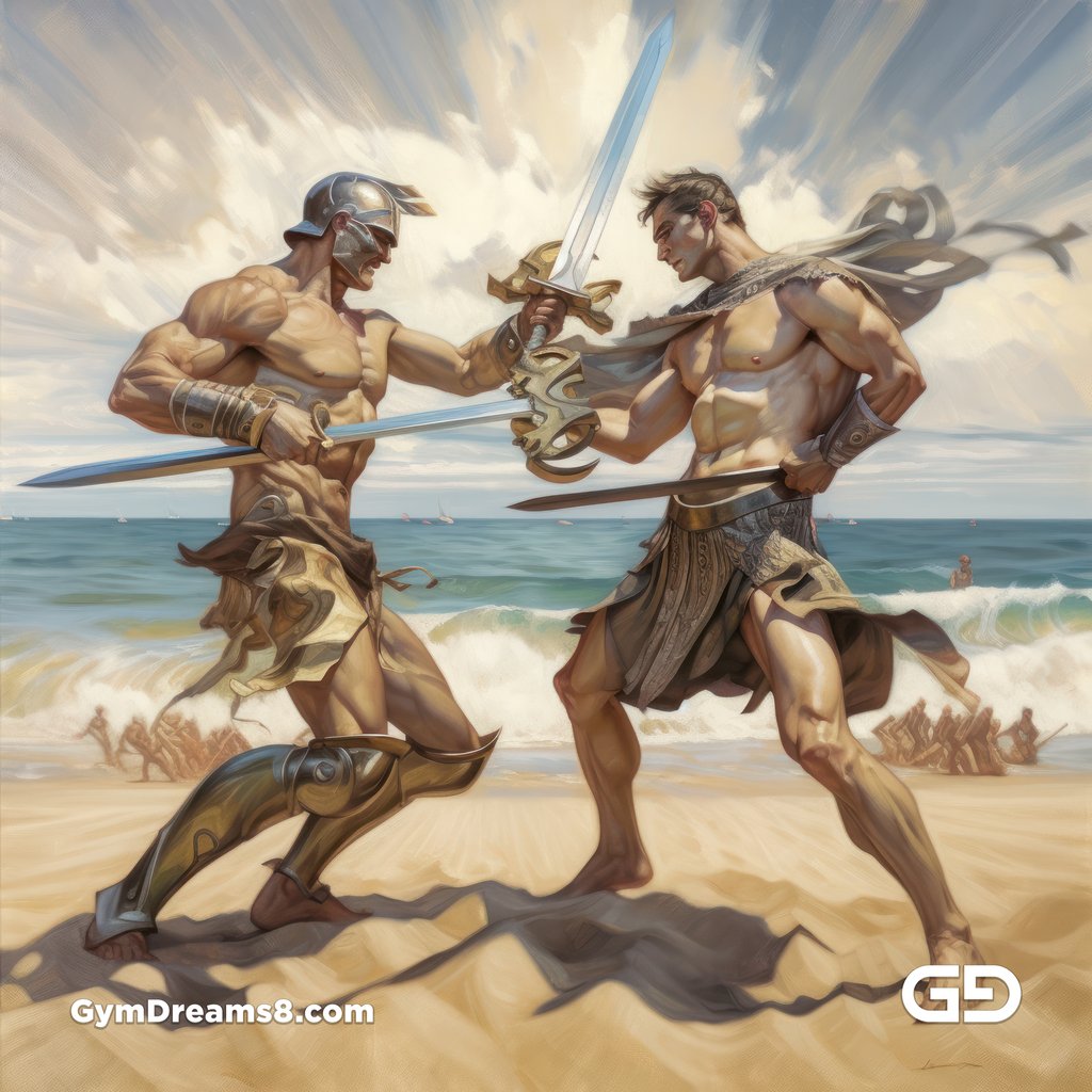 Gladiators Fight at the Beach 1v1. Illustrations, Midjourney v5