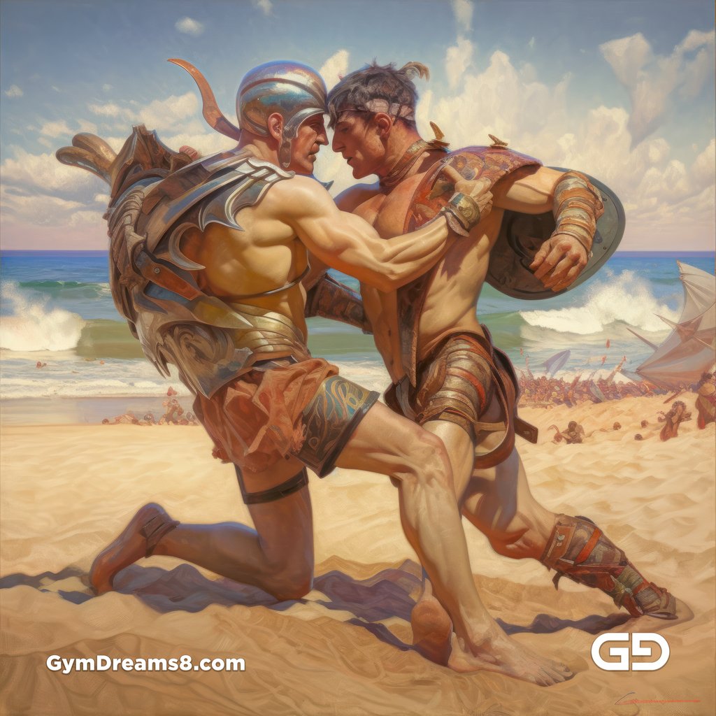 Gladiators Fight at the Beach 1v1. Illustrations, Midjourney v5