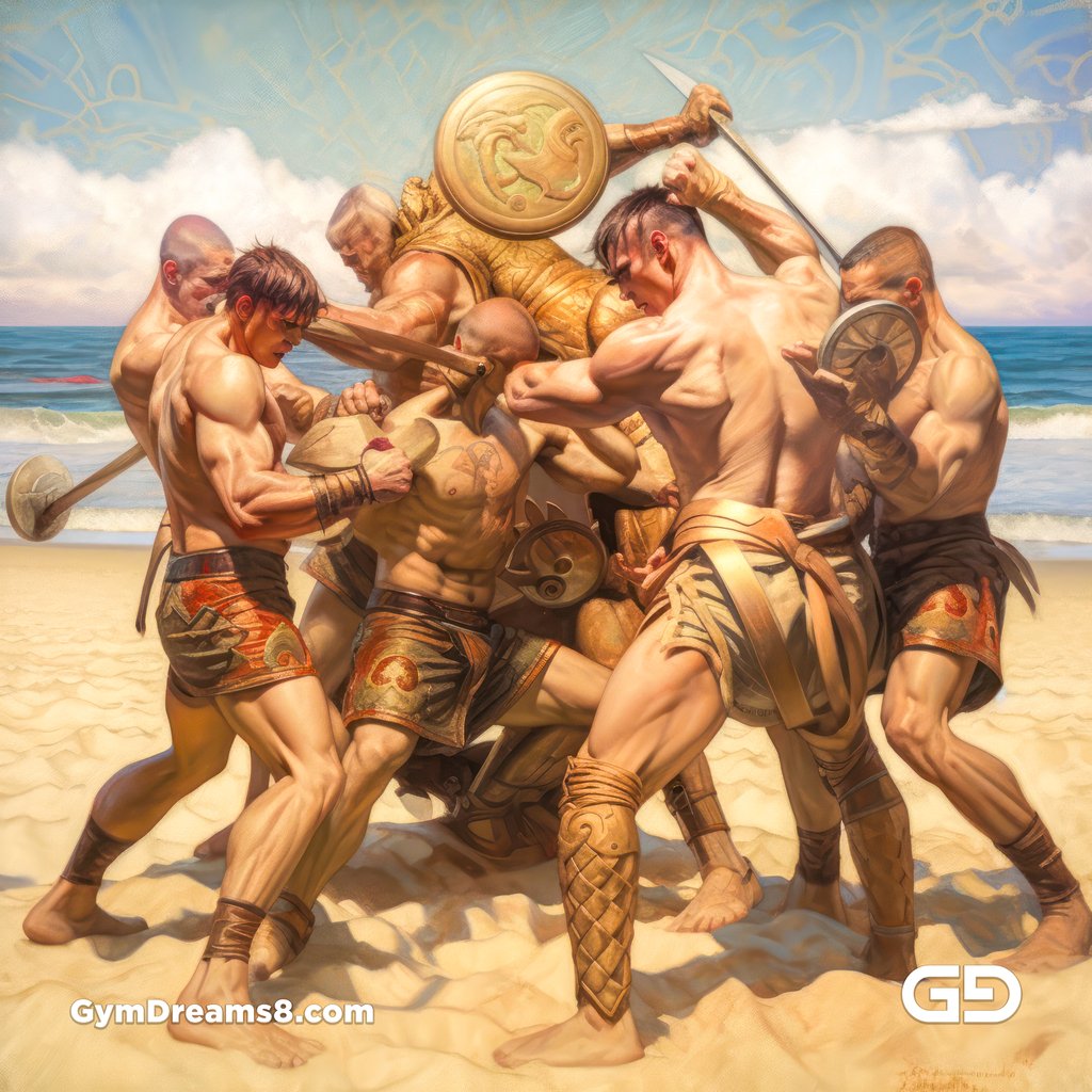 Group of Gladiators Fighting on the Beach 3, with Midjourney v5