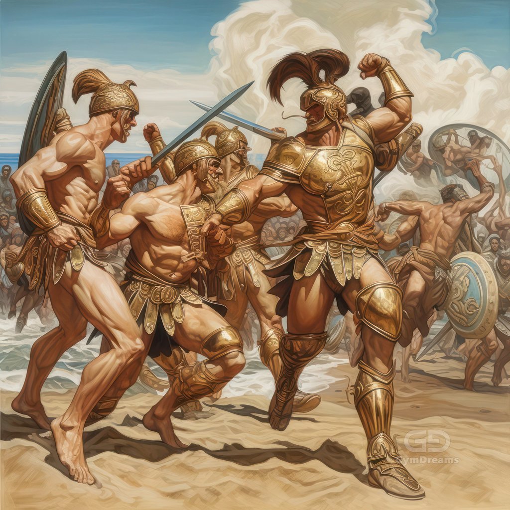 Paintings of gladiators fighting at the beach, with Midjourney v5.