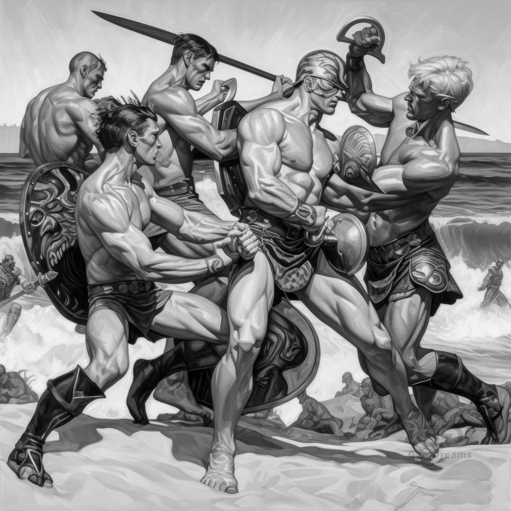 Paintings of gladiators fighting at the beach, with Midjourney v5.