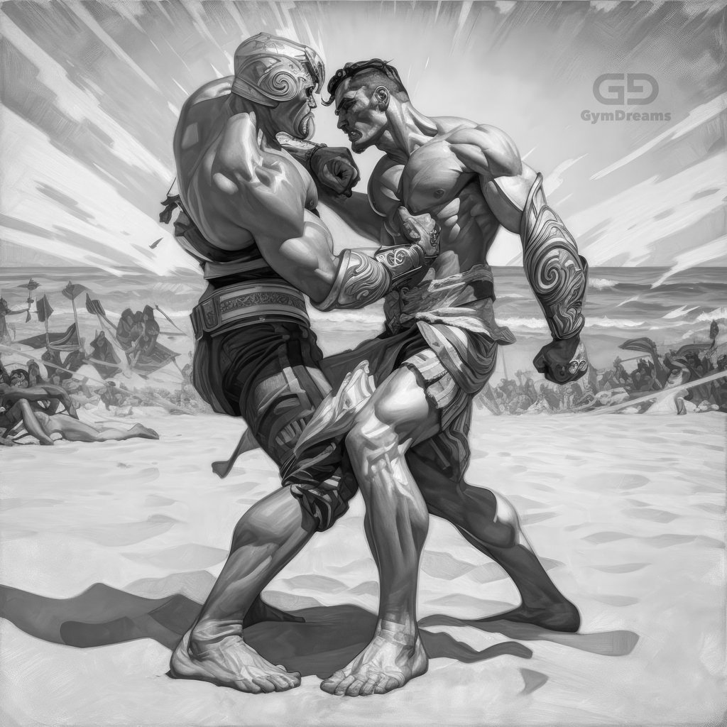 Paintings of gladiators fighting at the beach, with Midjourney v5.
