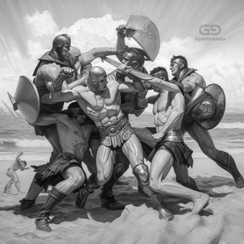 Paintings of gladiators fighting at the beach, with Midjourney v5.