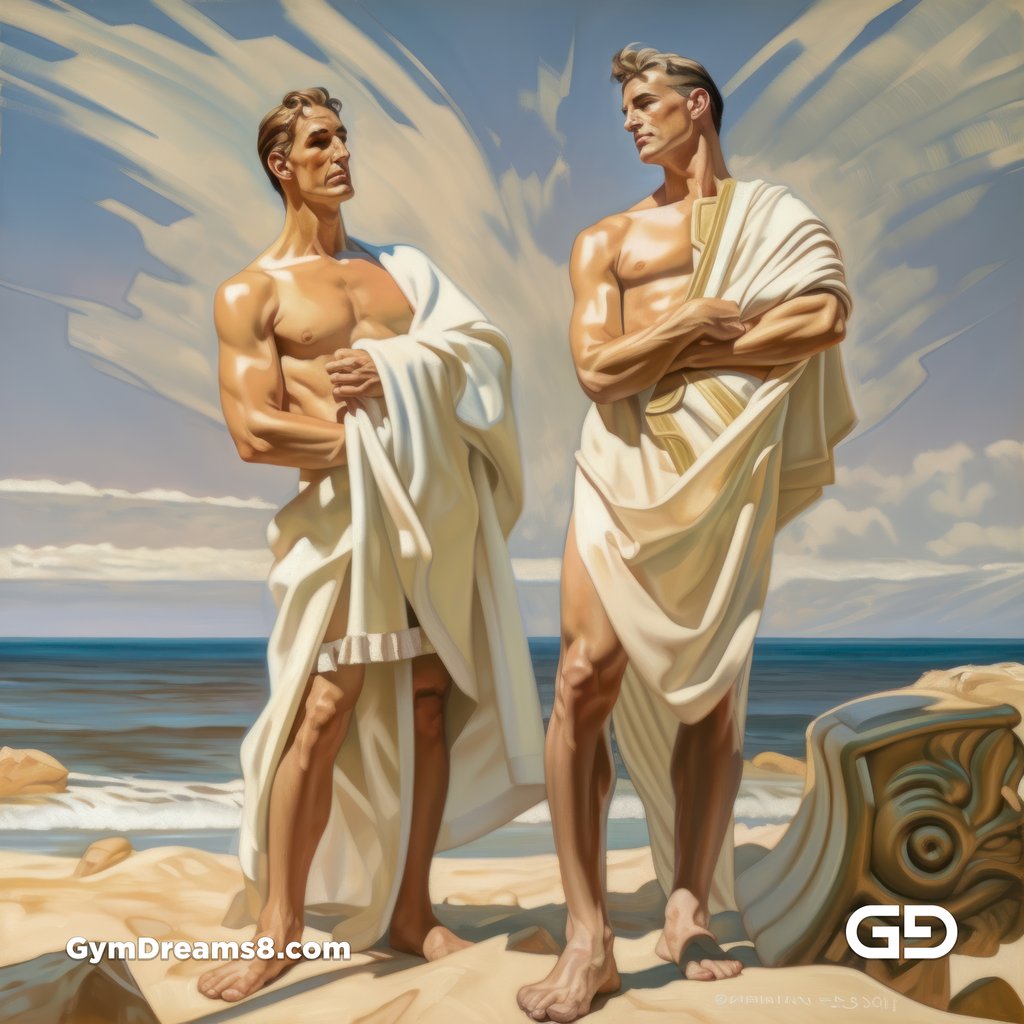 Greek Philosophers in White robe at the beach.