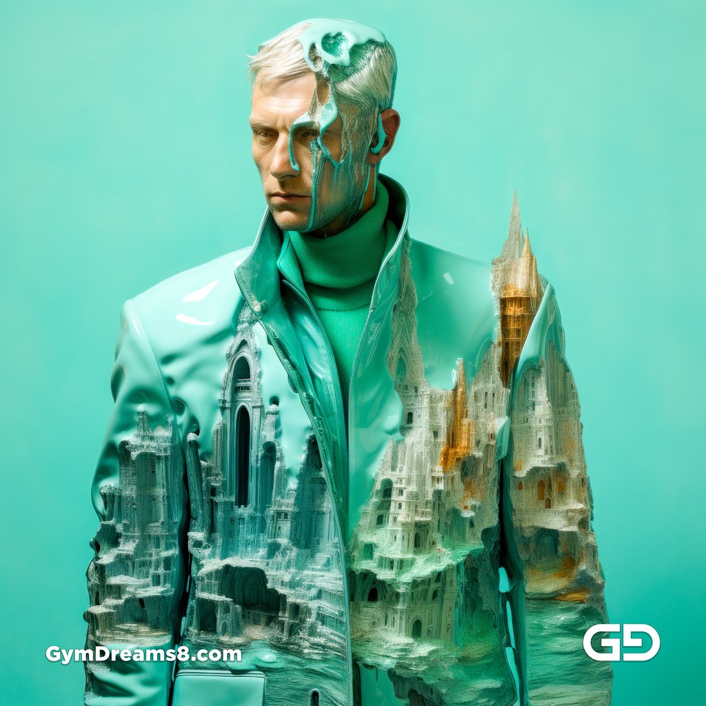 Sylvan Green Jacket, Melting, Multi-layered Surfaces. Midjourney v5.