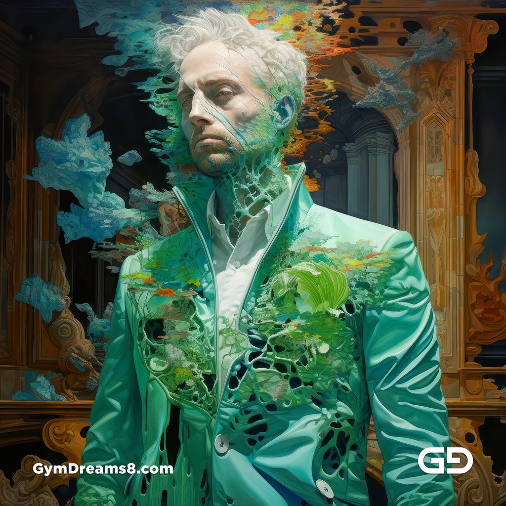 Sylvan Green Jacket, Melting, Multi-layered Surfaces. Midjourney v5.