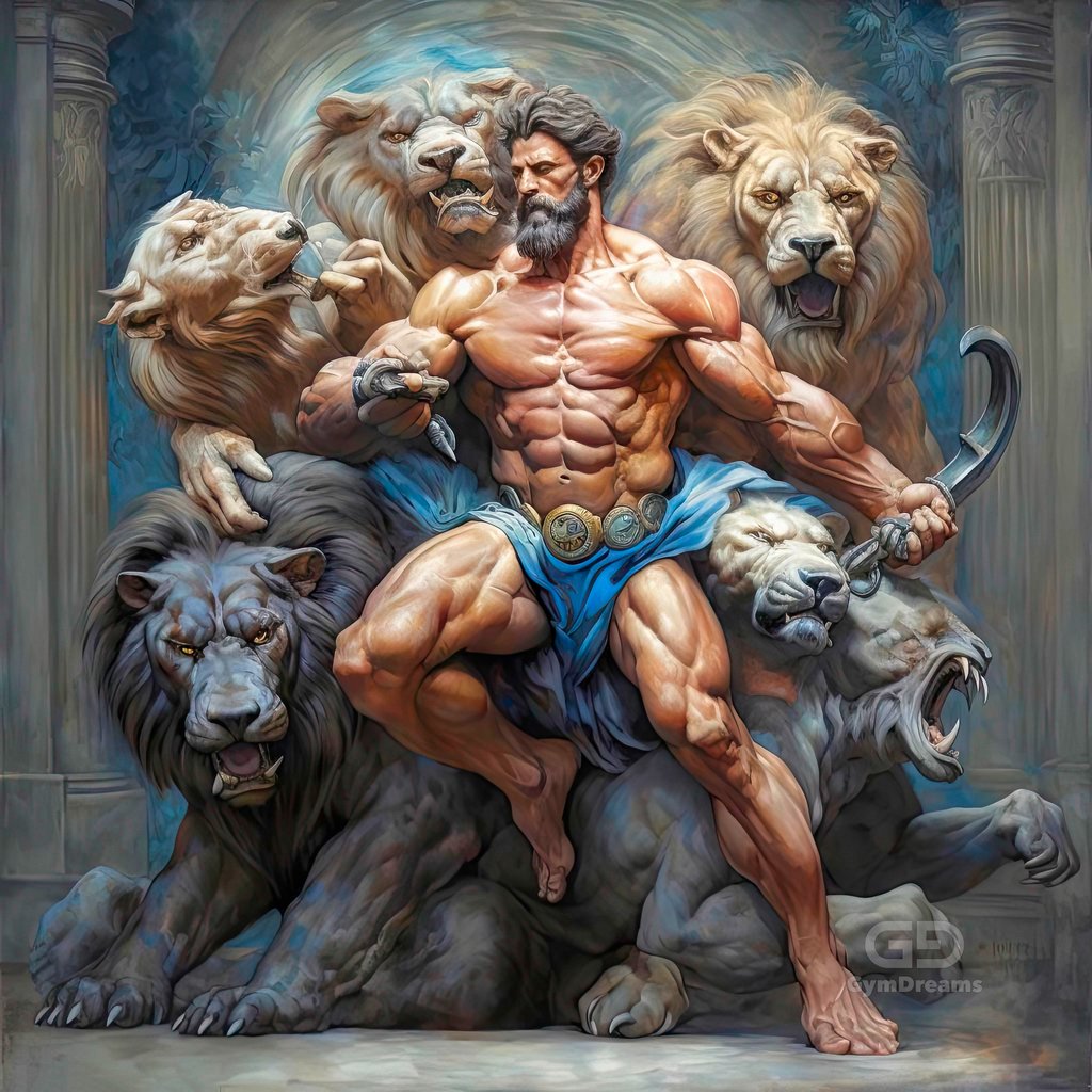 Hercules fighting lions and wild animals
