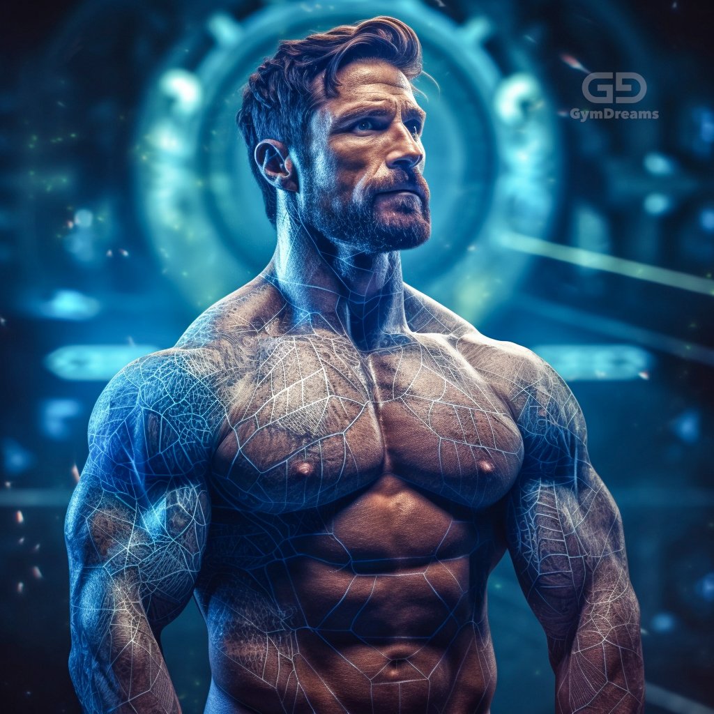 Holo, Veins, Connected Circuitry by GymDreams, with Midjourney v5.1, Blue. Hunk-ish. 25-35.