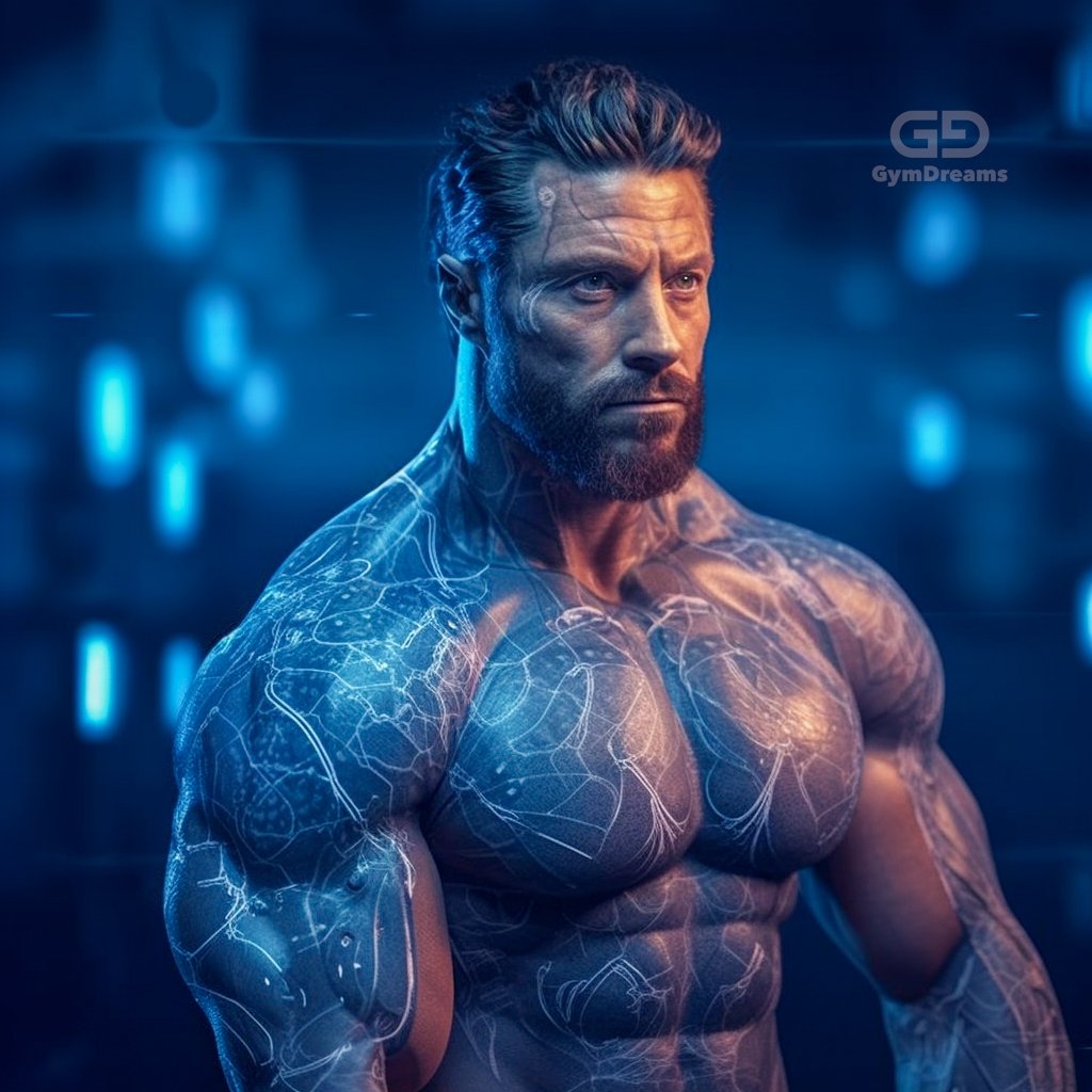 Holo, Veins, Connected Circuitry by GymDreams, with Midjourney v5.1, Blue. Hunk-ish. 25-35.