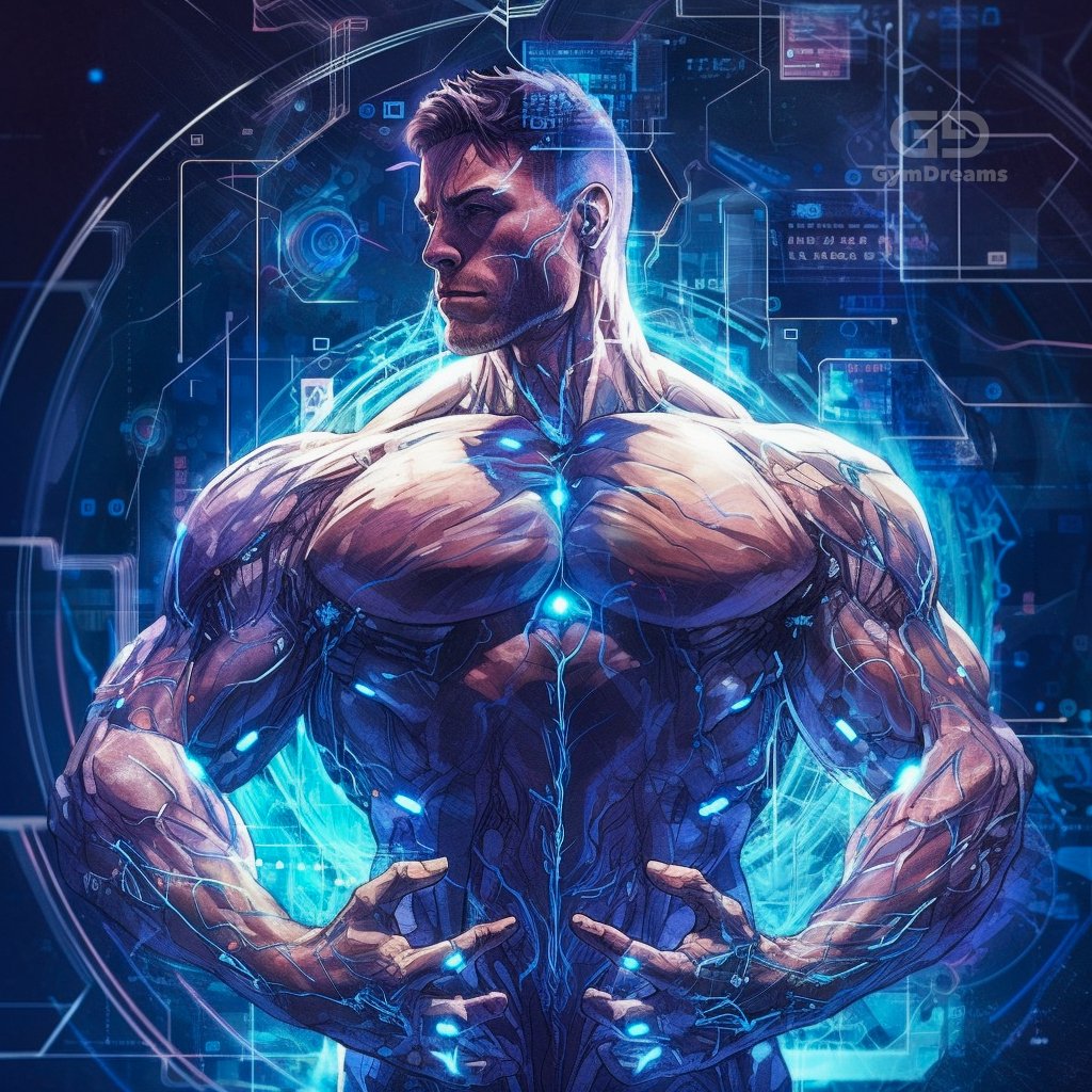 Holo, Veins, Connected Circuitry by GymDreams, with Midjourney v5.1, Blue. Hunk-ish. 25-35.
