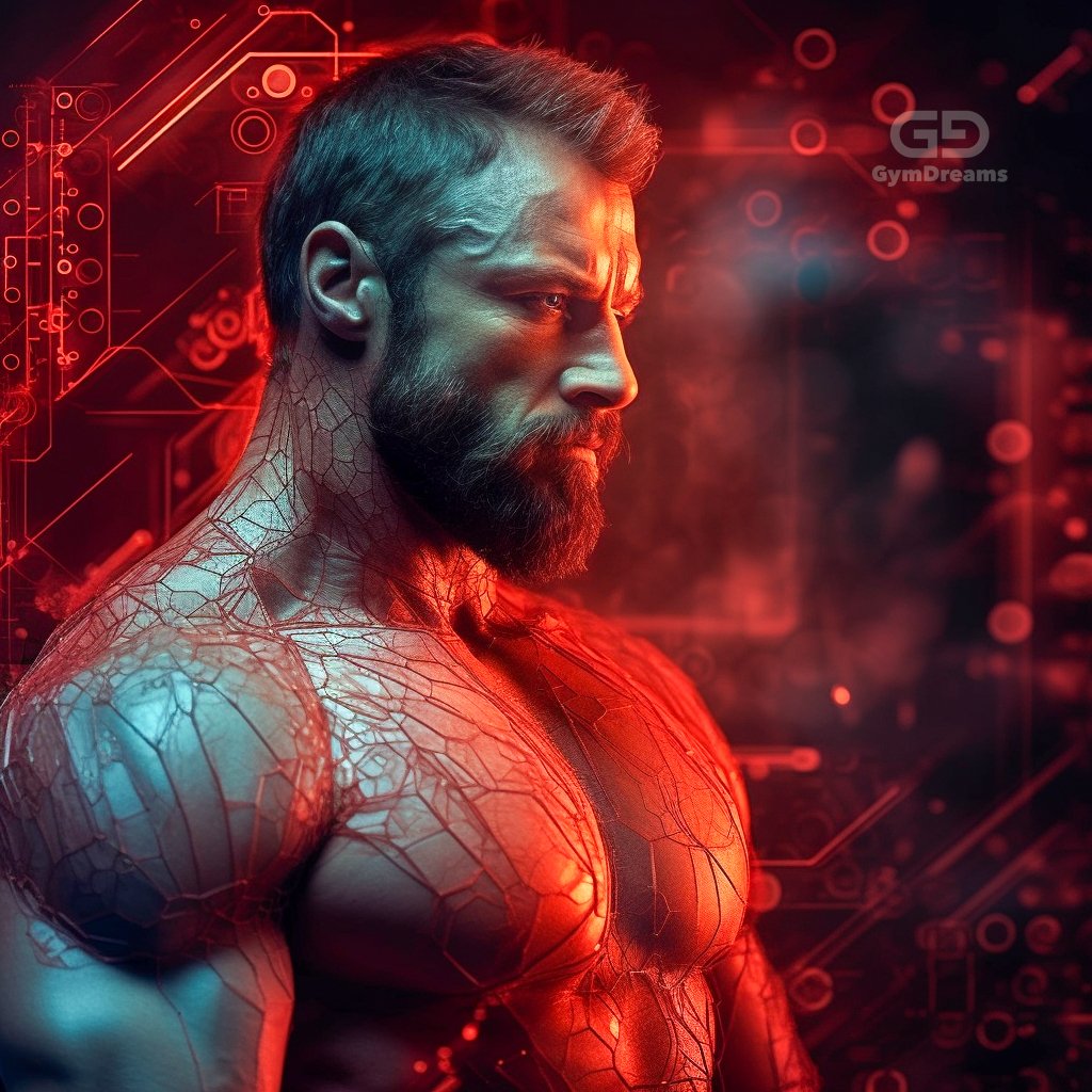 Holo, Veins, Connected Circuitry by GymDreams, with Midjourney v5.1, Red. Daddy-ish. 35-50.