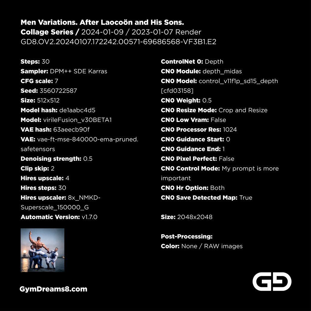 Men Variations. After Laocoön and His Sons. Collage series. Stable Diffusion, control net, Virile Fusion 3 Beta 1.