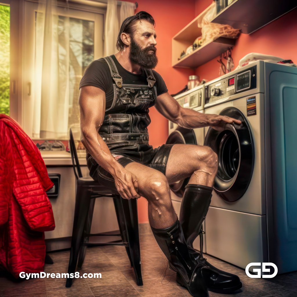 All work, no play. Men in latex doing chores. Rendered in Midjourney
