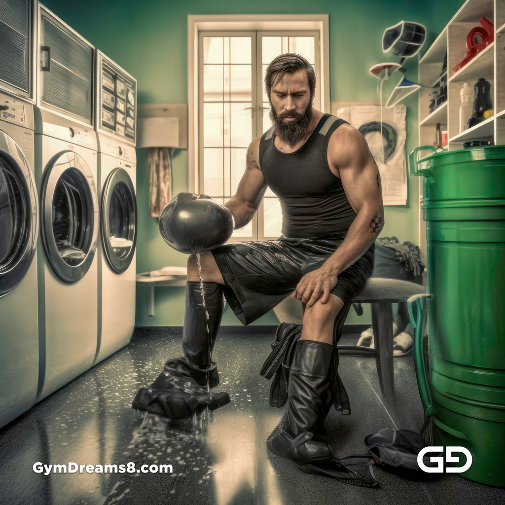 All work, no play. Men in latex doing chores. Rendered in Midjourney