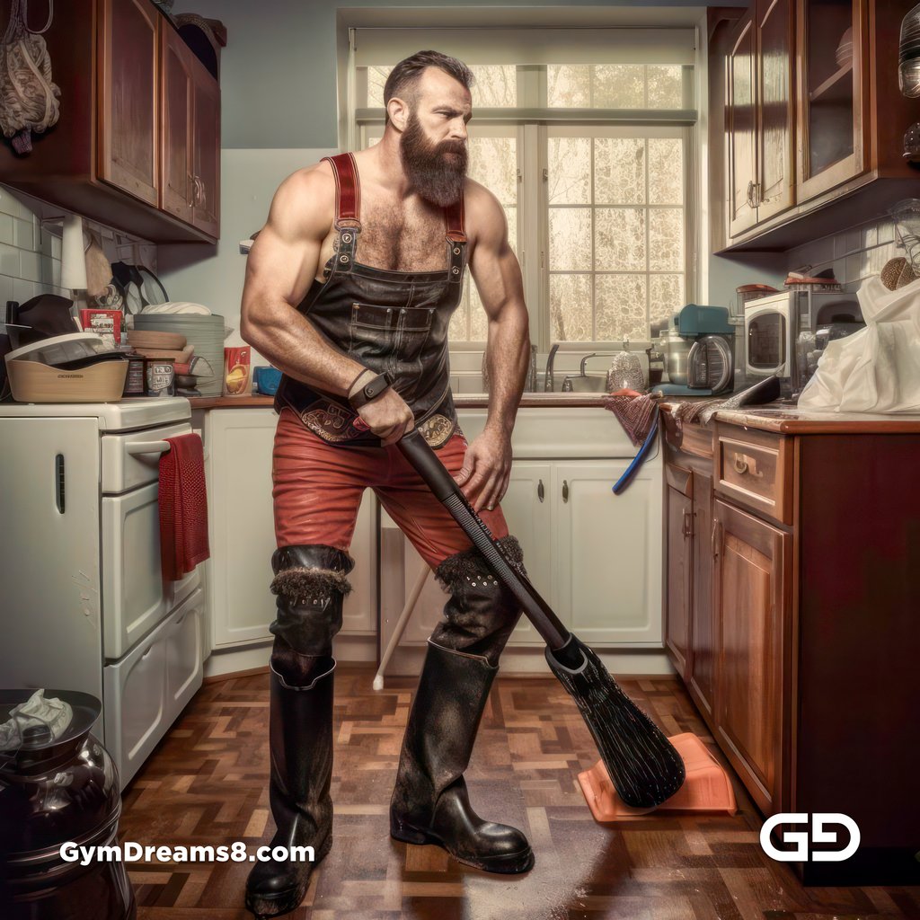 All work, no play. Men in latex doing chores. Rendered in Midjourney