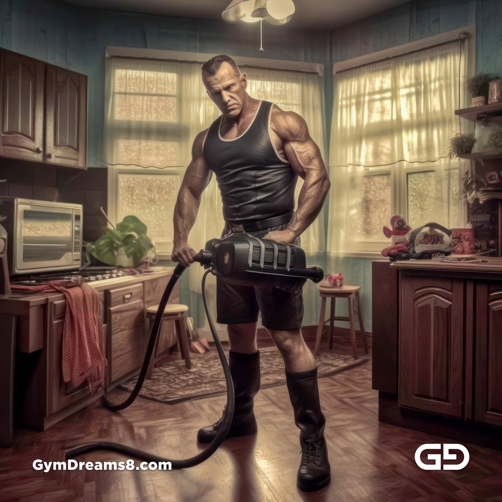 All work, no play. Men in latex doing chores. Rendered in Midjourney