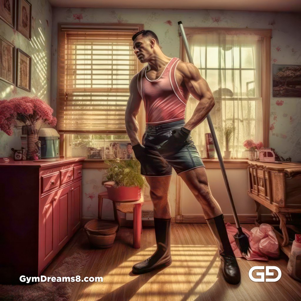 All work, no play. Men in latex doing chores. Rendered in Midjourney