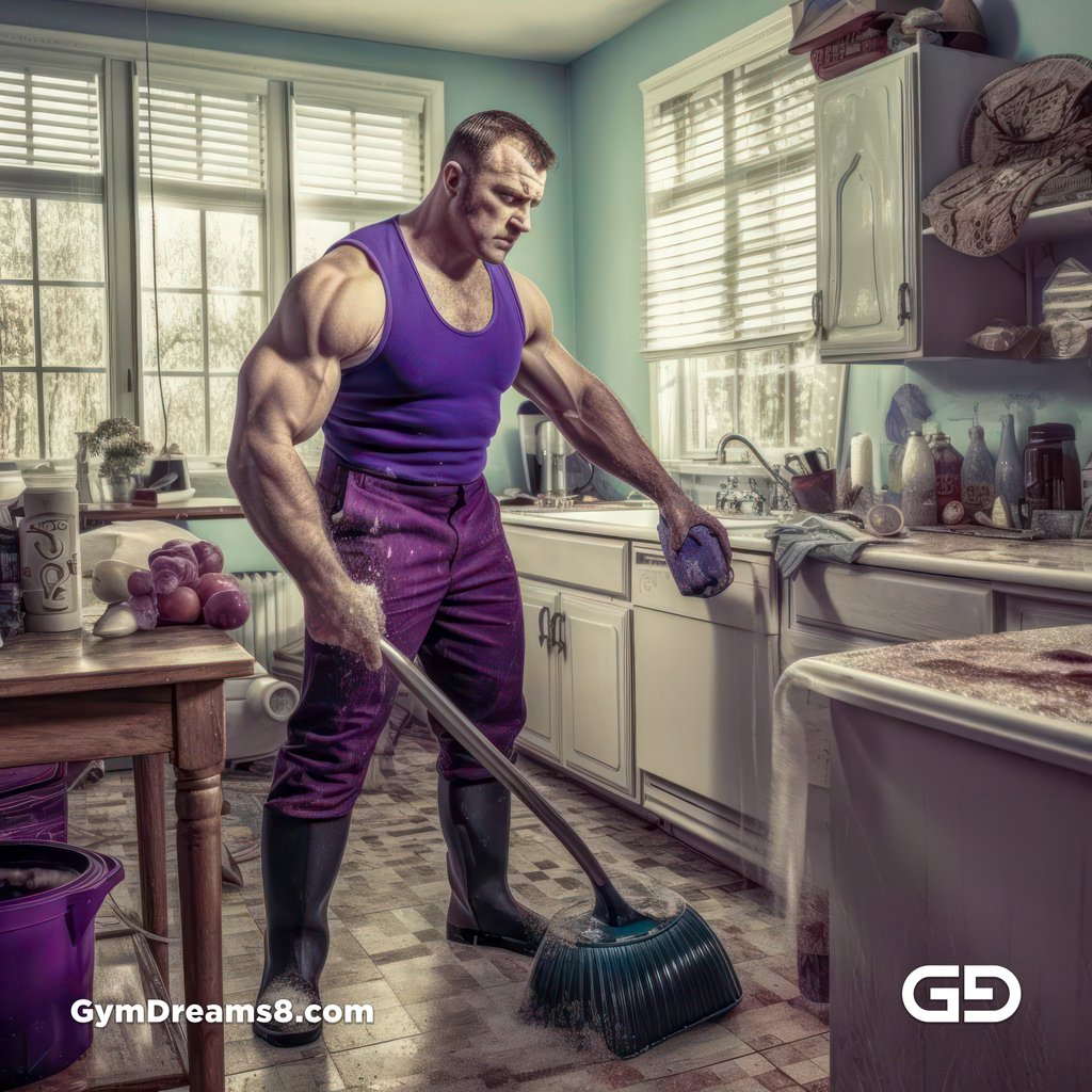 All work, no play. Men in latex doing chores. Rendered in Midjourney