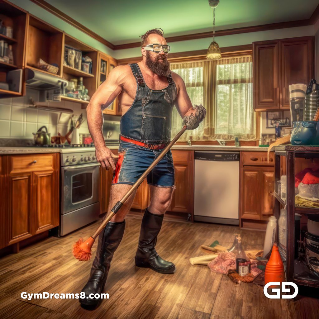 All work, no play. Men in latex doing chores. Rendered in Midjourney