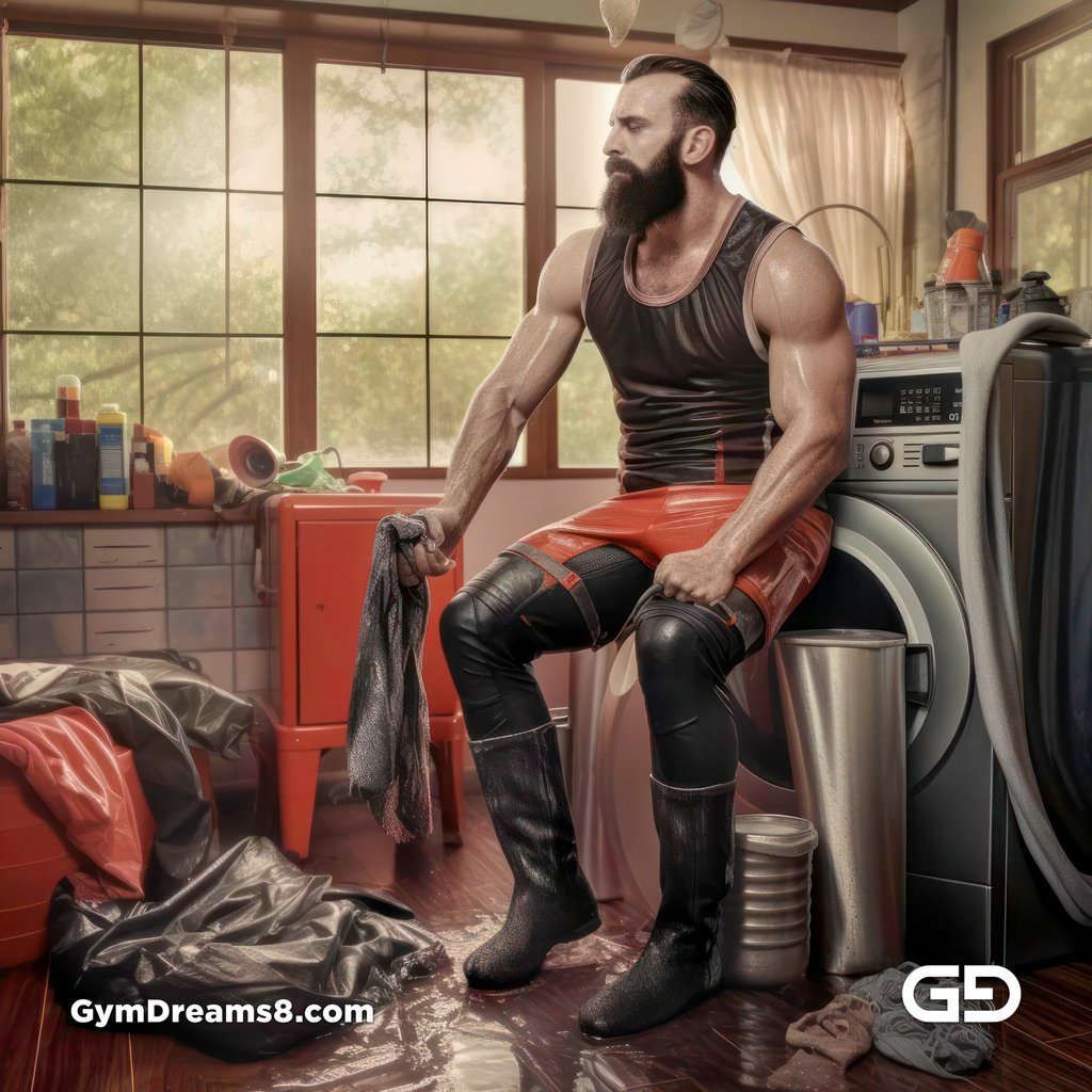 All work, no play. Men in latex doing chores. Rendered in Midjourney