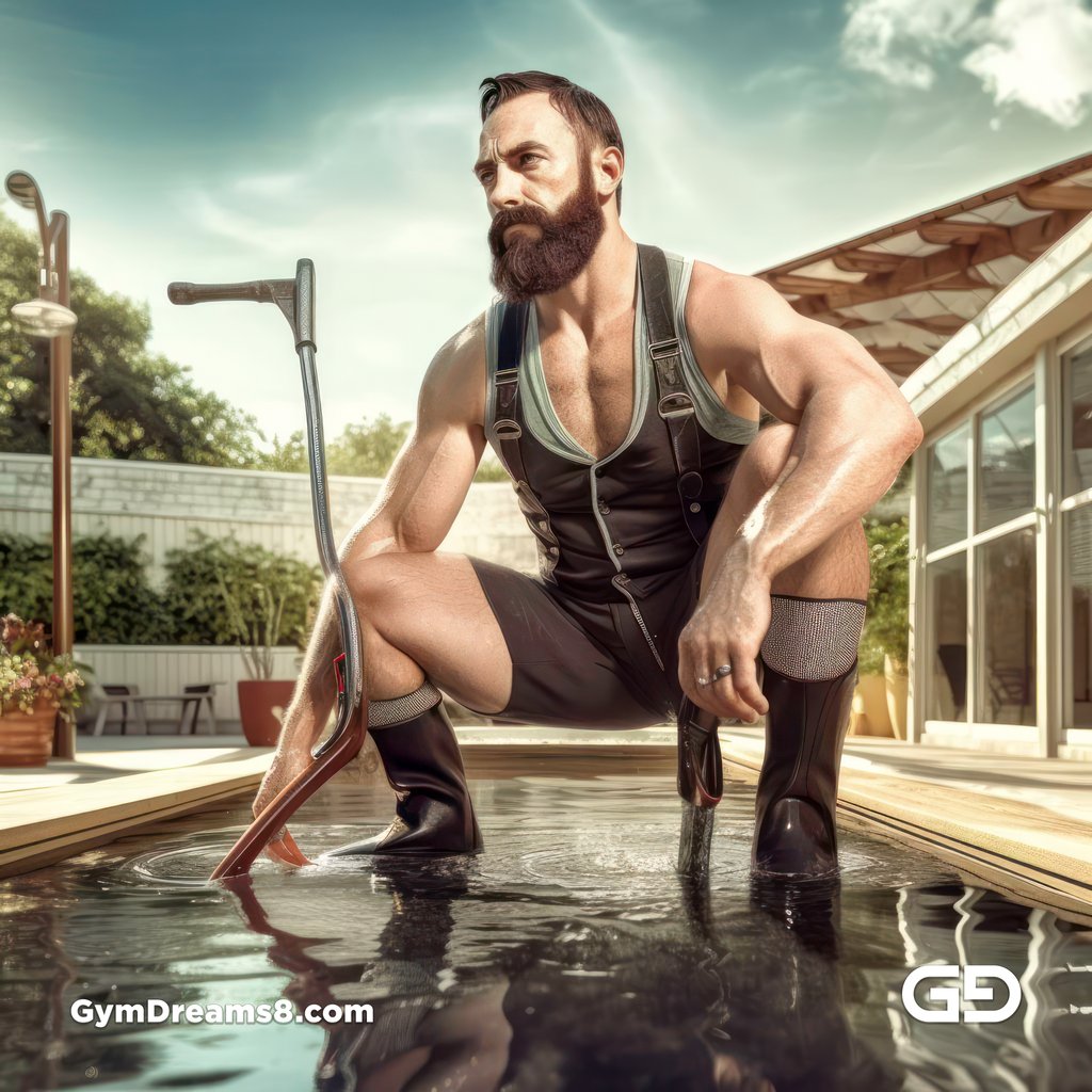 All work, no play. Men in latex doing chores. Rendered in Midjourney