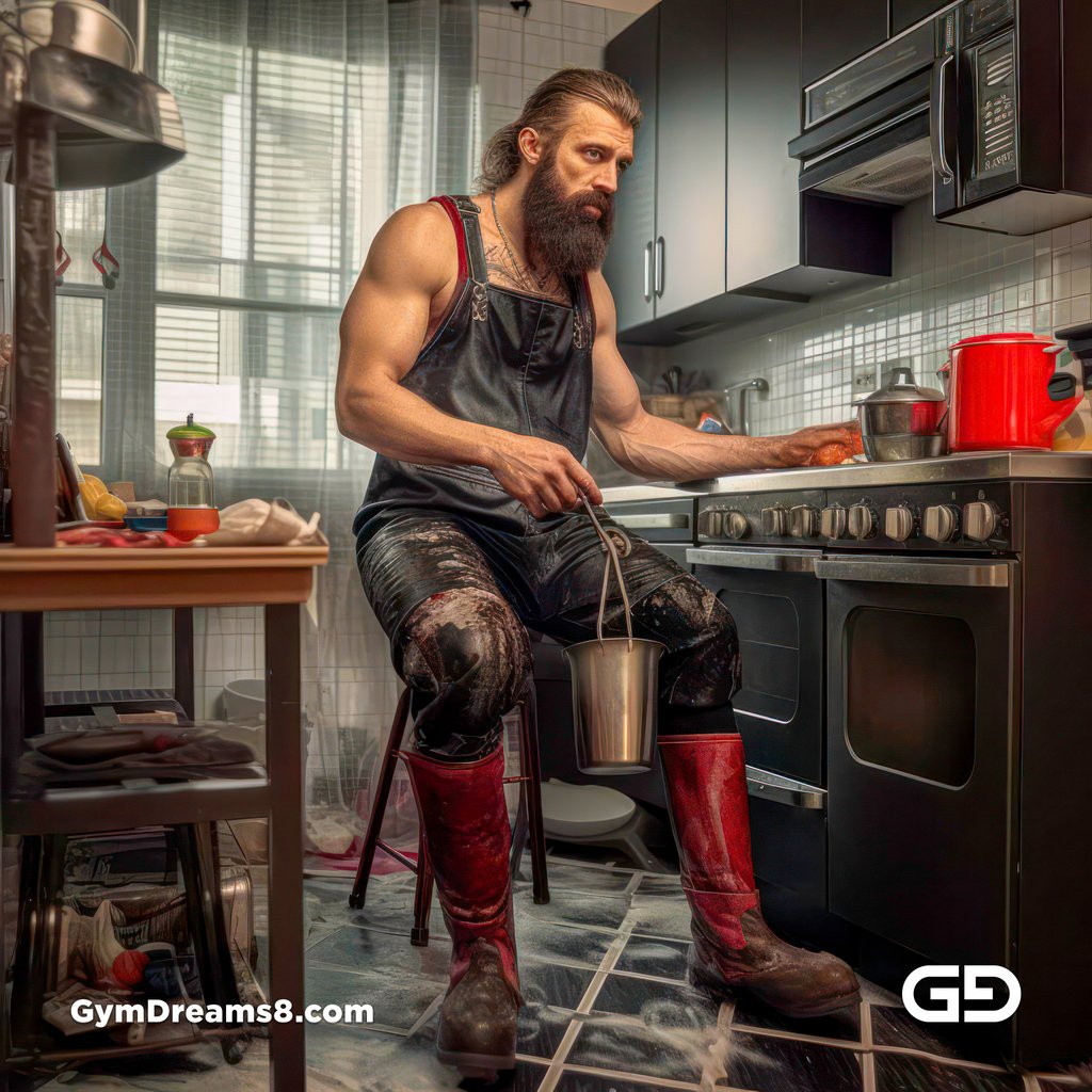 All work, no play. Men in latex doing chores. Rendered in Midjourney