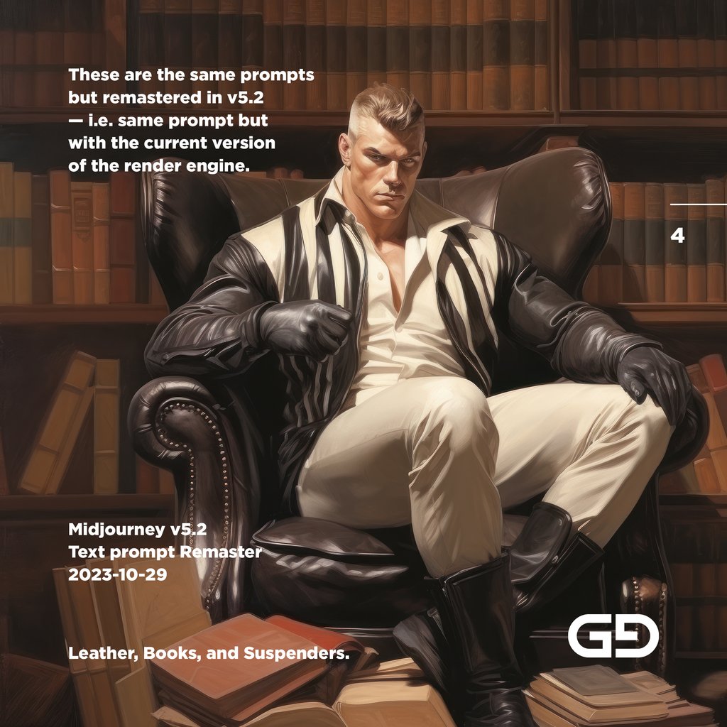 Leather, Books, and Suspenders. Midjourney v5.2 Remaster.