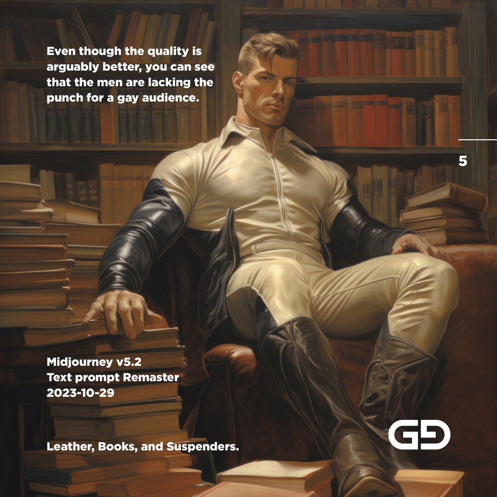 Leather, Books, and Suspenders. Midjourney v5.2 Remaster.
