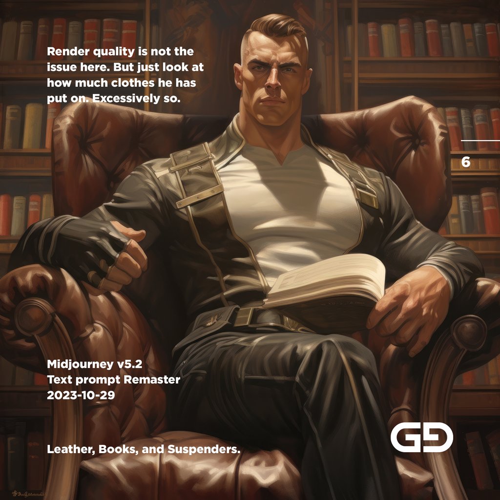 Leather, Books, and Suspenders. Midjourney v5.2 Remaster.