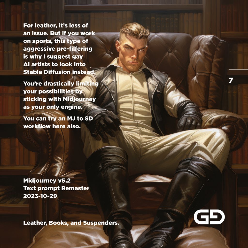 Leather, Books, and Suspenders. Midjourney v5.2 Remaster.