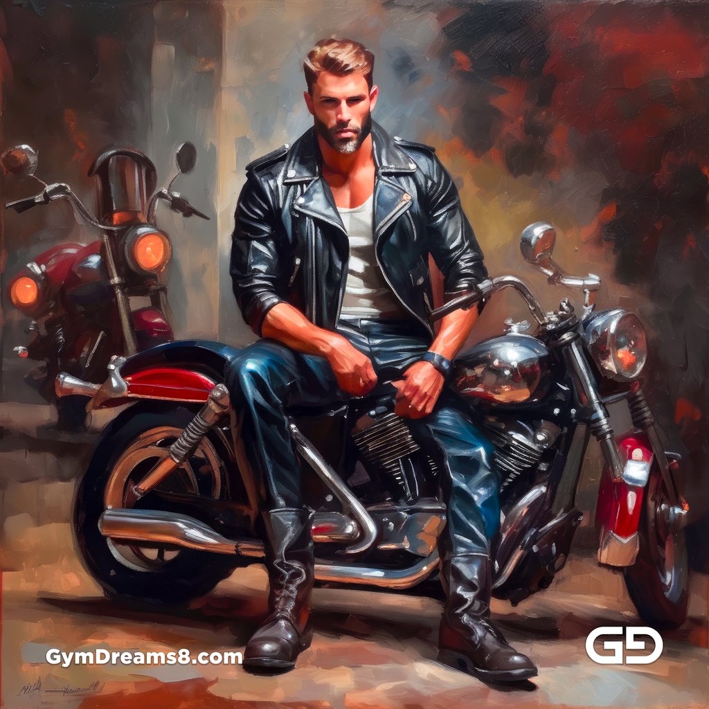 Leather and Harley. Men in Leather with Harley-Davidson bikes. Oil paintings. Stable Diffusion with SDXL