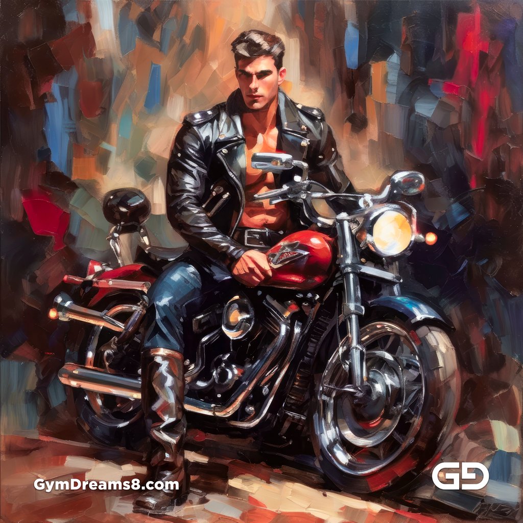 Leather and Harley. Men in Leather with Harley-Davidson bikes. Oil paintings. Stable Diffusion with SDXL