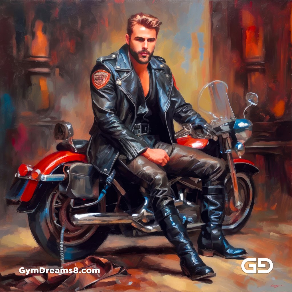Leather and Harley. Men in Leather with Harley-Davidson bikes. Oil paintings. Stable Diffusion with SDXL